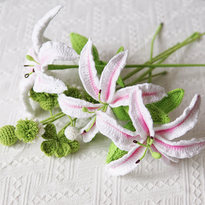 Set of 3 Pieces Finished Crochet Lily Branch Artificial Flowers Yarn Knitting Flower