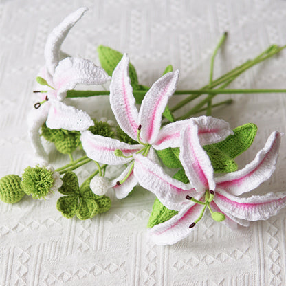 Set of 3 Pieces Finished Crochet Lily Branch Artificial Flowers Yarn Knitting Flower