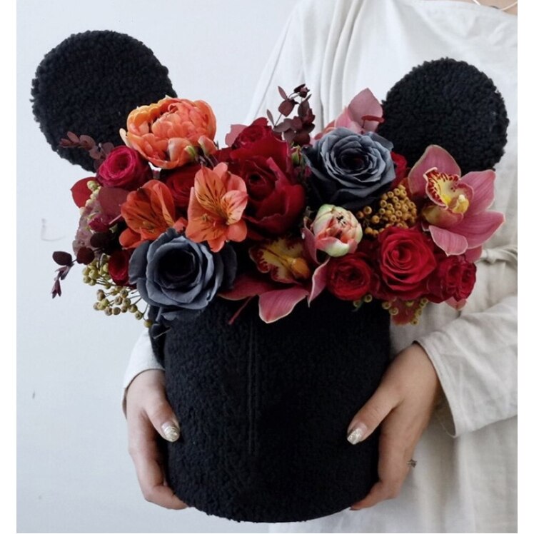 Round Velvet Flower Hat Box with Ribbon Bow