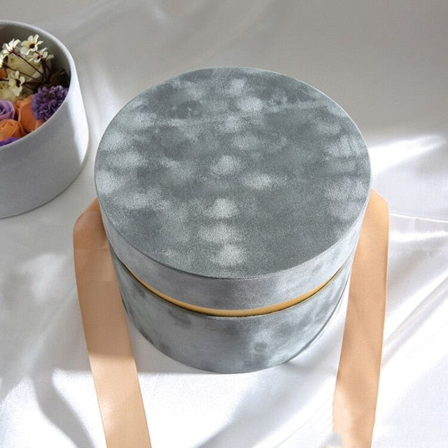 Round Grey Velour Hat Boxes set of 3 lined