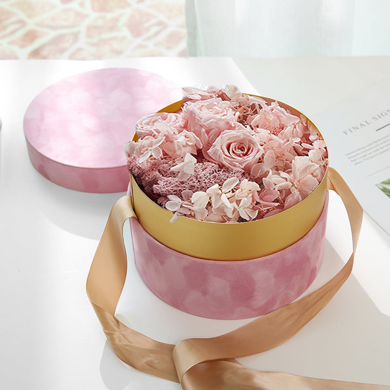 Round Velvet Flower Hat Box with Ribbon Bow - Main Image