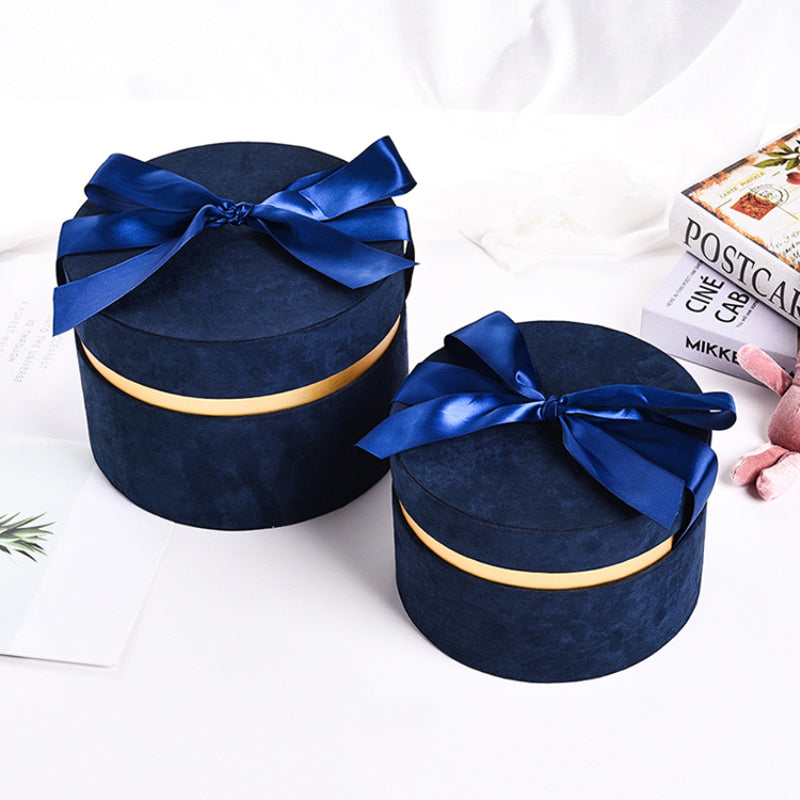 Round Velvet Flower Hat Box with Ribbon Bow