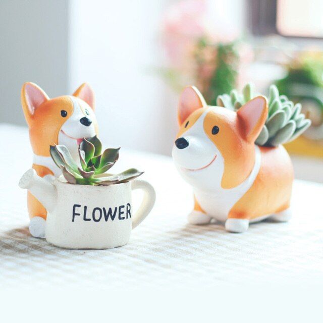 corgi succulent planter SUN-E Lovely Corgi Dog Shaped Plant Decor Succulent Plants Decorative Flower Pot 2 in Set Idea
